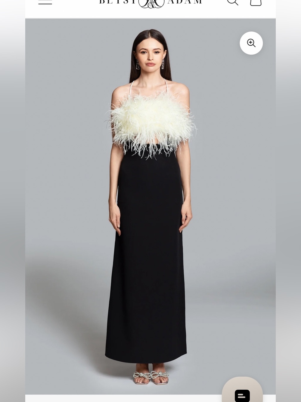 Betsy & Adam Crepe Evening Gown Full Length Dress Black White Feather Womens XS